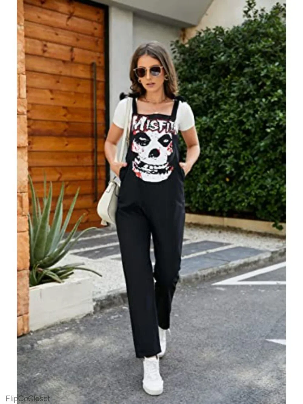 Women's Loose Skull Printed Overalls Jumpsuit with Pockets